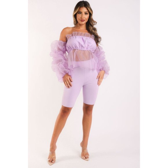 Boutique Tops - Women's Sexy Organza Sleeve Detailed Top and Matching Shorts 2 Piece Set holiday